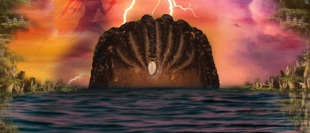 In the Red and Brown Water Promotional poster, featuring a young black girl with braids emerging from the water with a pinkish sky and lightning behind her