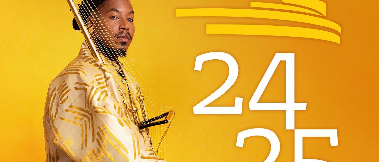 Performing Arts at Iowa 2024-2025 season with Chief Xian aTunde Adjuah on a gold background