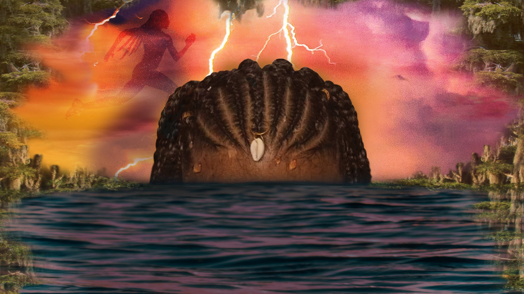 In the Red and Brown Water Promotional poster, featuring a young black girl with braids emerging from the water with a pinkish sky and lightning behind her