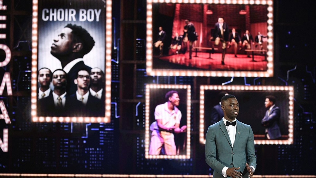 Jun 9, 2019; New York, NY, USA; Tarell Alvin McCraney shares a “playwright moment” related to “Choir Boy” during the 73rd Annual Tony Awards ceremony at Radio City Music Hall.