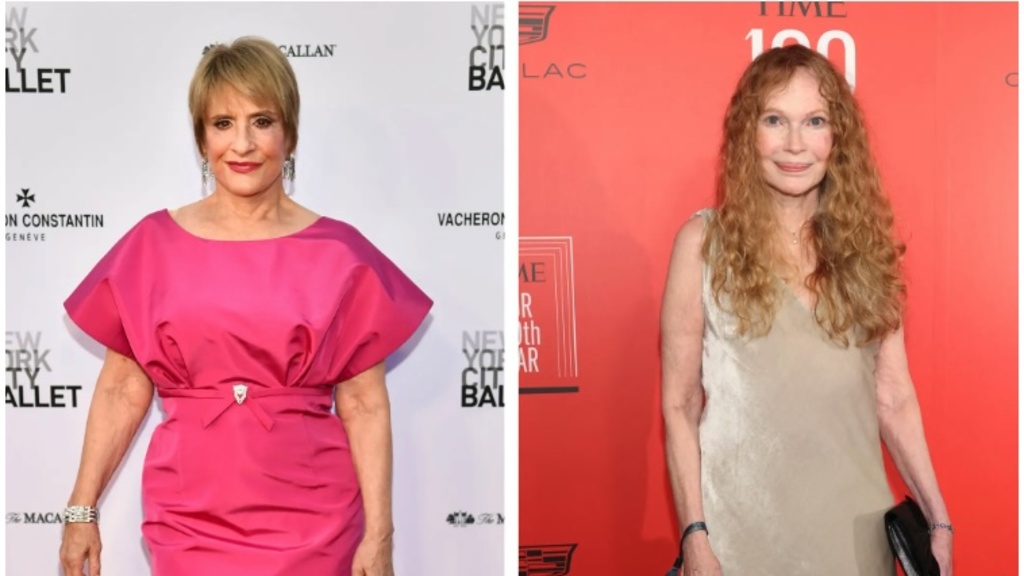 split image with patti lupone on the left and mia farrow on the right