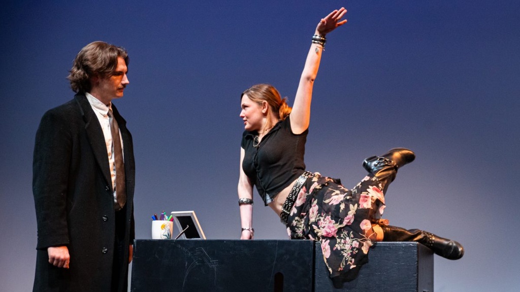 Tyler Andrew and Norah Logan play reunited exes Oscar and Vera during a rehearsal of “Found and Lost” for the 10 Minute Play Festival 